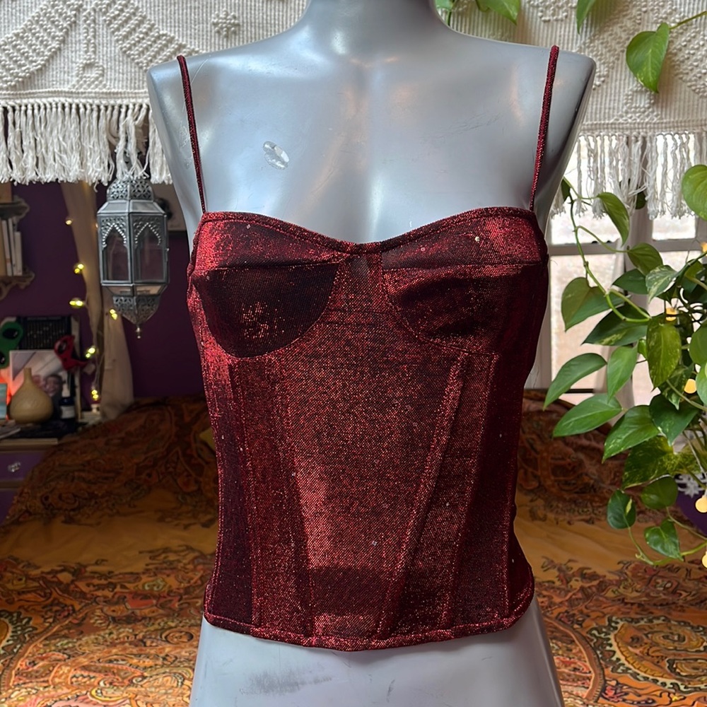 Sparkly metallic burgundy red corset bustier cami top